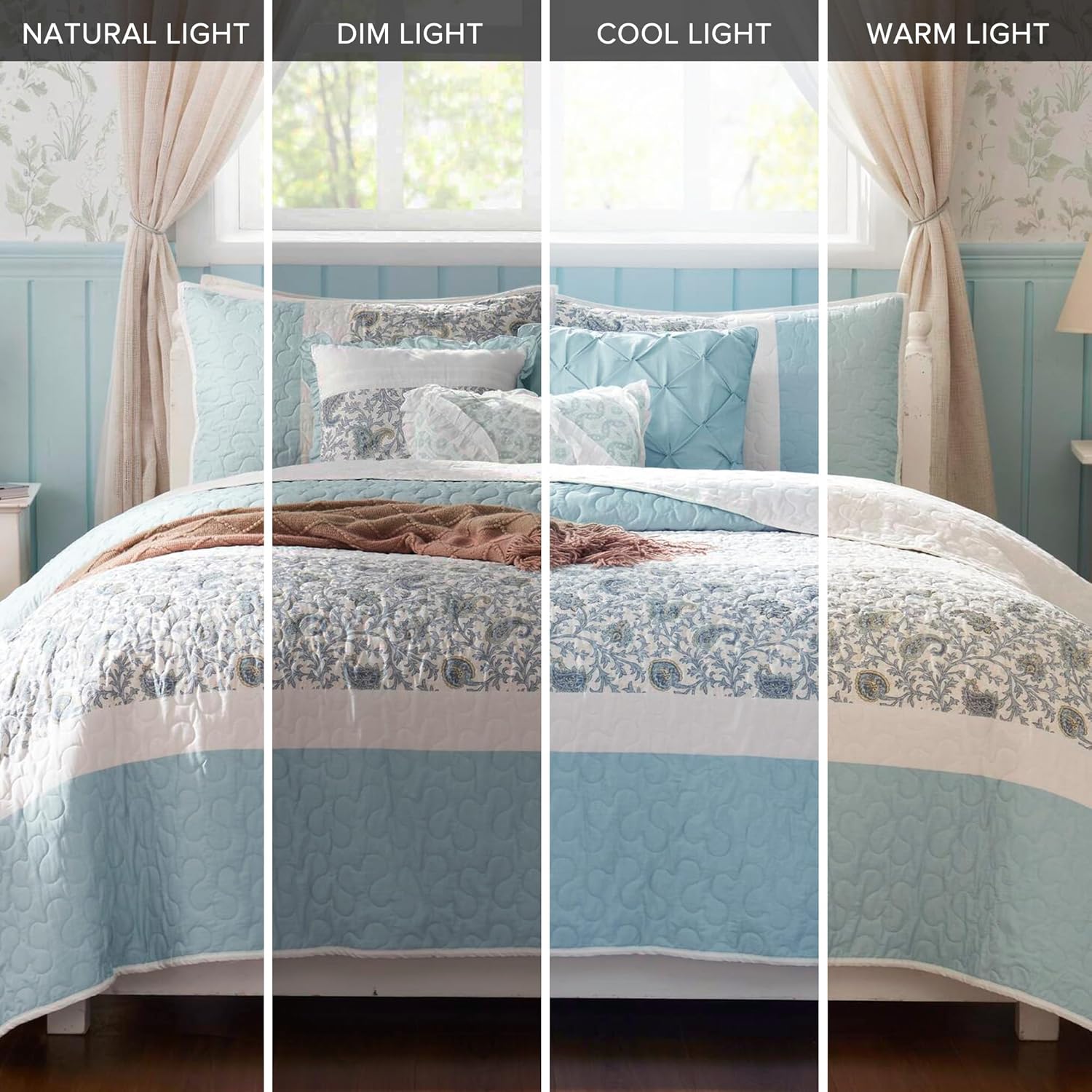 Madison Park Cotton Quilt Set Floral Print 6 Piece Light Teal