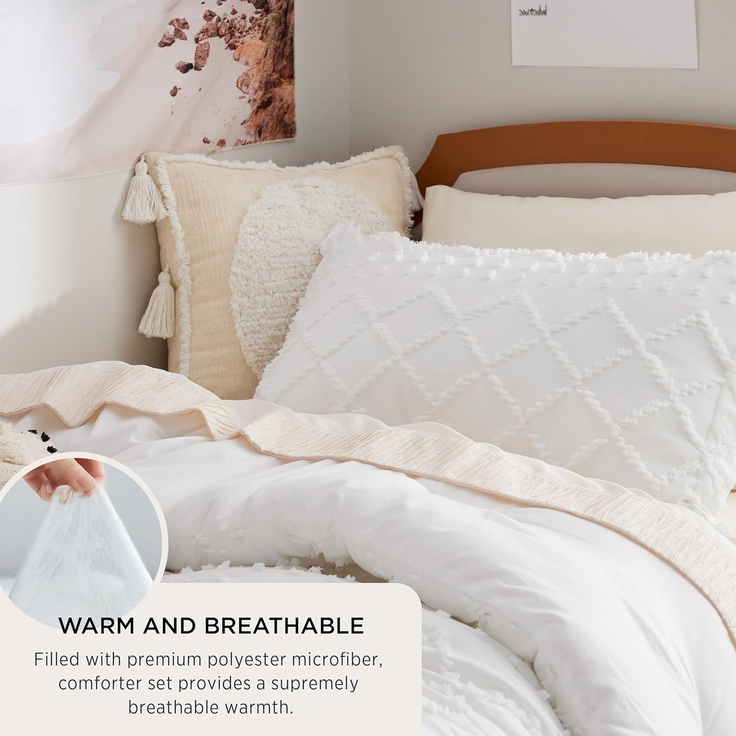 Bedsure Twin Comforter Set - White Boho with Pillow Sham