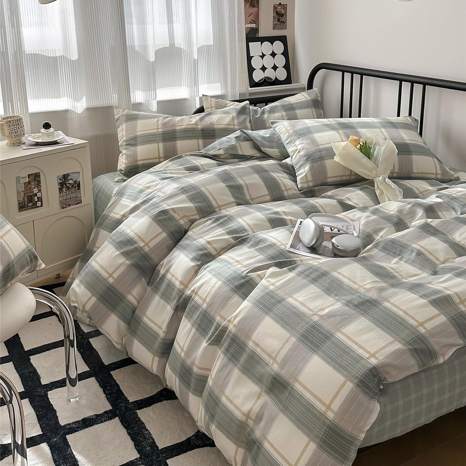 VM VOUGEMARKET Green Plaid Duvet Cover Set Queen 3 Piece