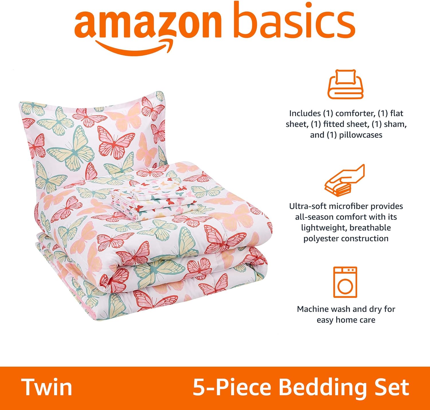 Amazon Basics Butterfly Friends Twin Bed-in-a-Bag 5-Piece