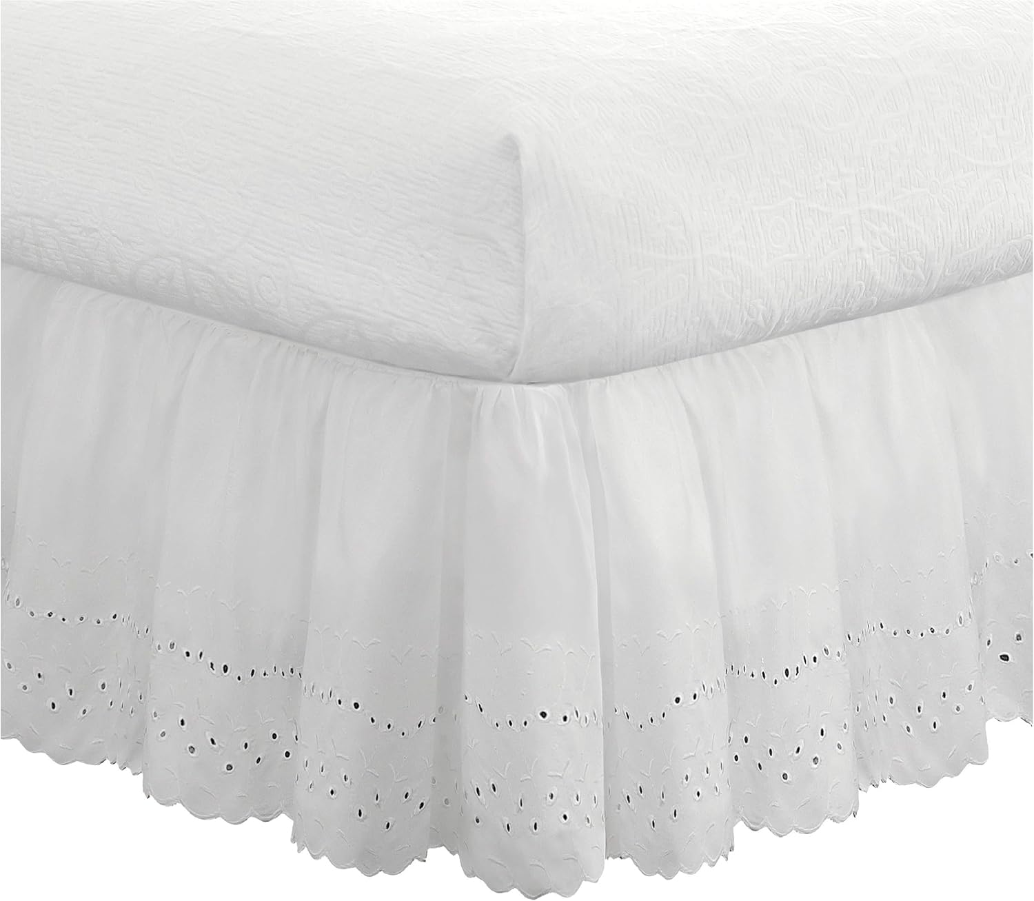 FRESH IDEAS White Queen Bed Skirt with Ruffles and Eyelet Embroidery 1
