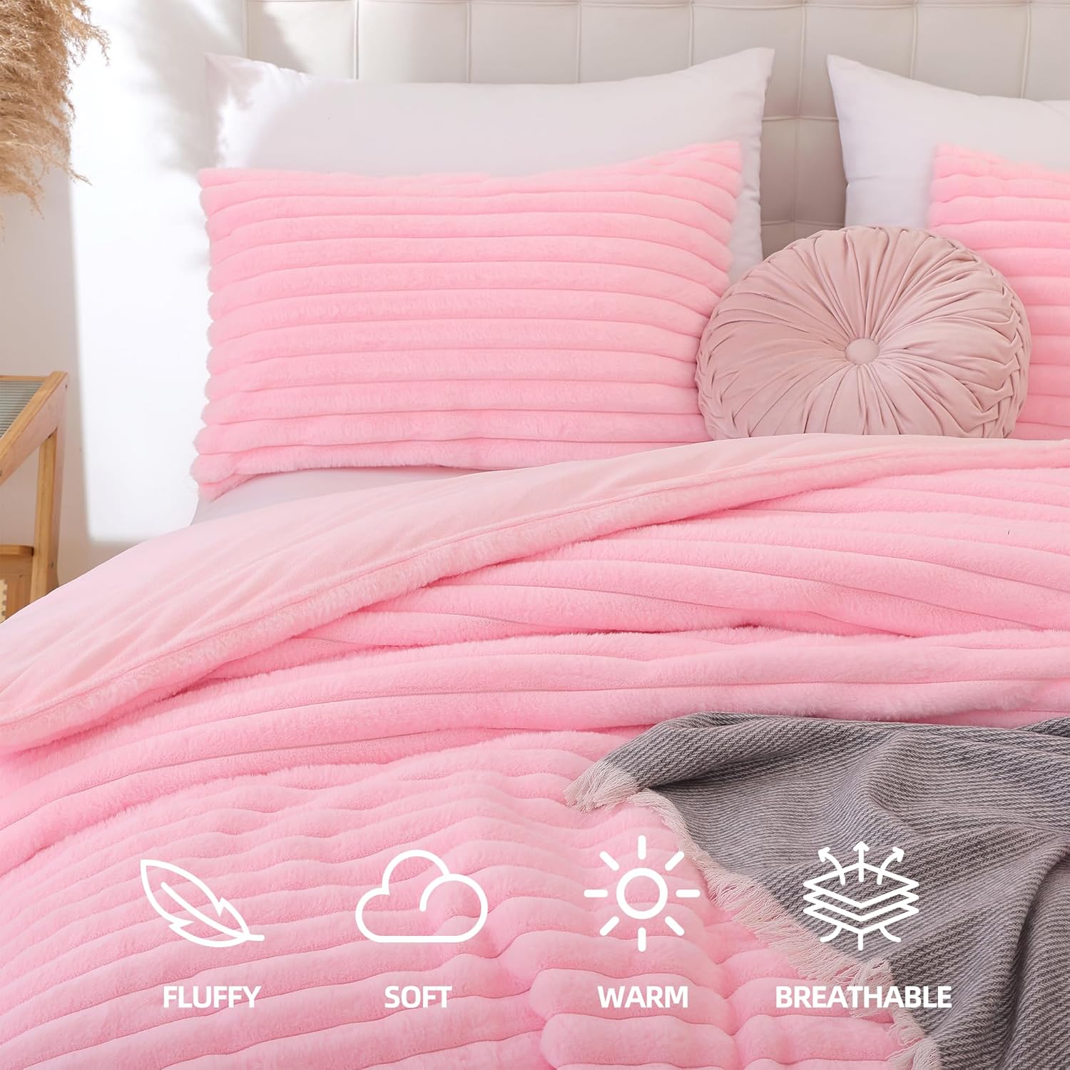 Smoofy Fluffy Queen Comforter Set 3 Pieces - Pink Fleece Micro-Mink
