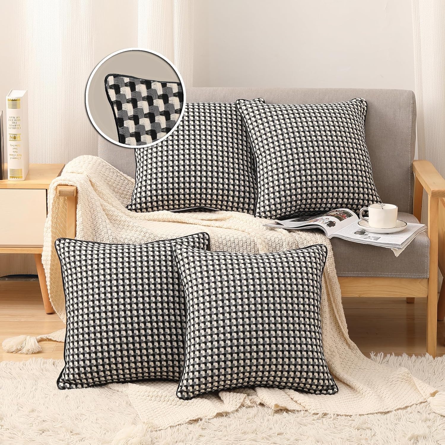 Yarn Dyed Black and White Square 18x18 Pillow Covers Set of 4