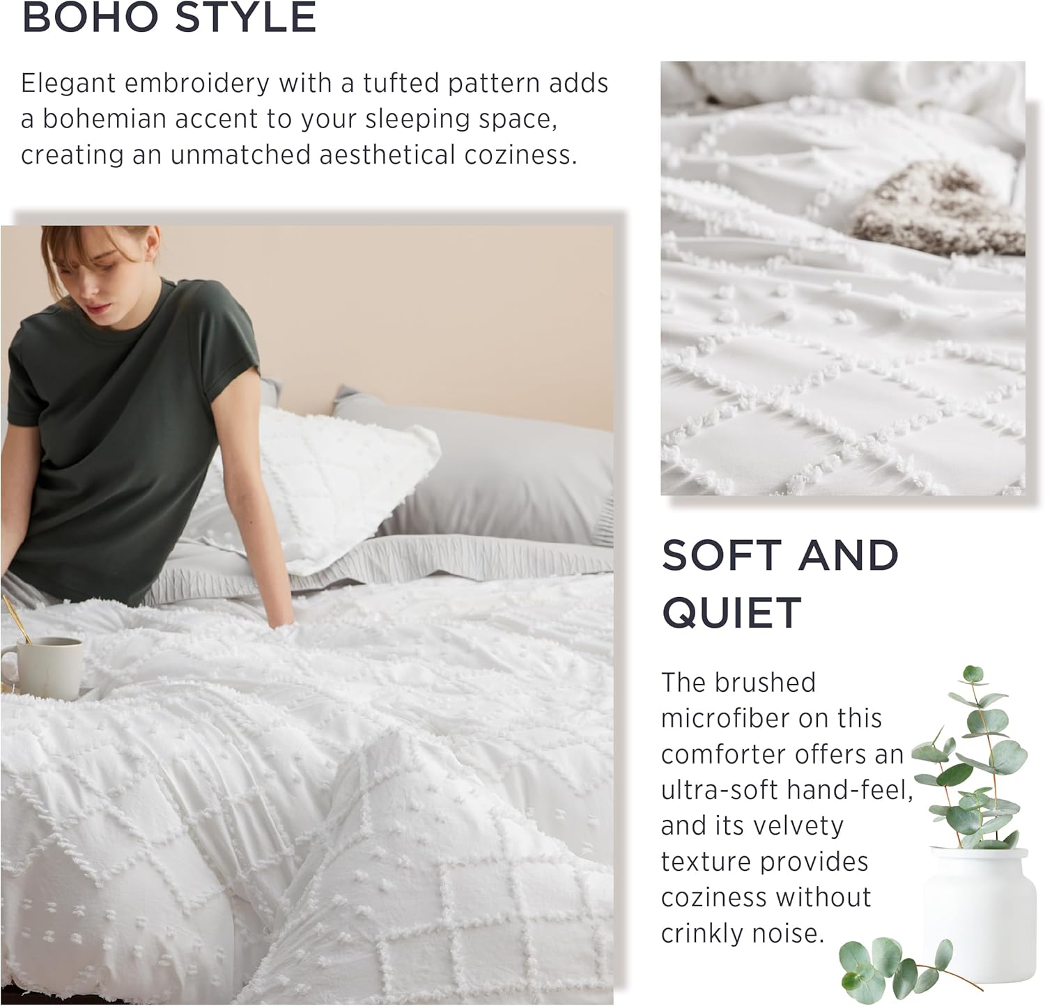 Bedsure Twin Comforter Set - White Boho with Pillow Sham