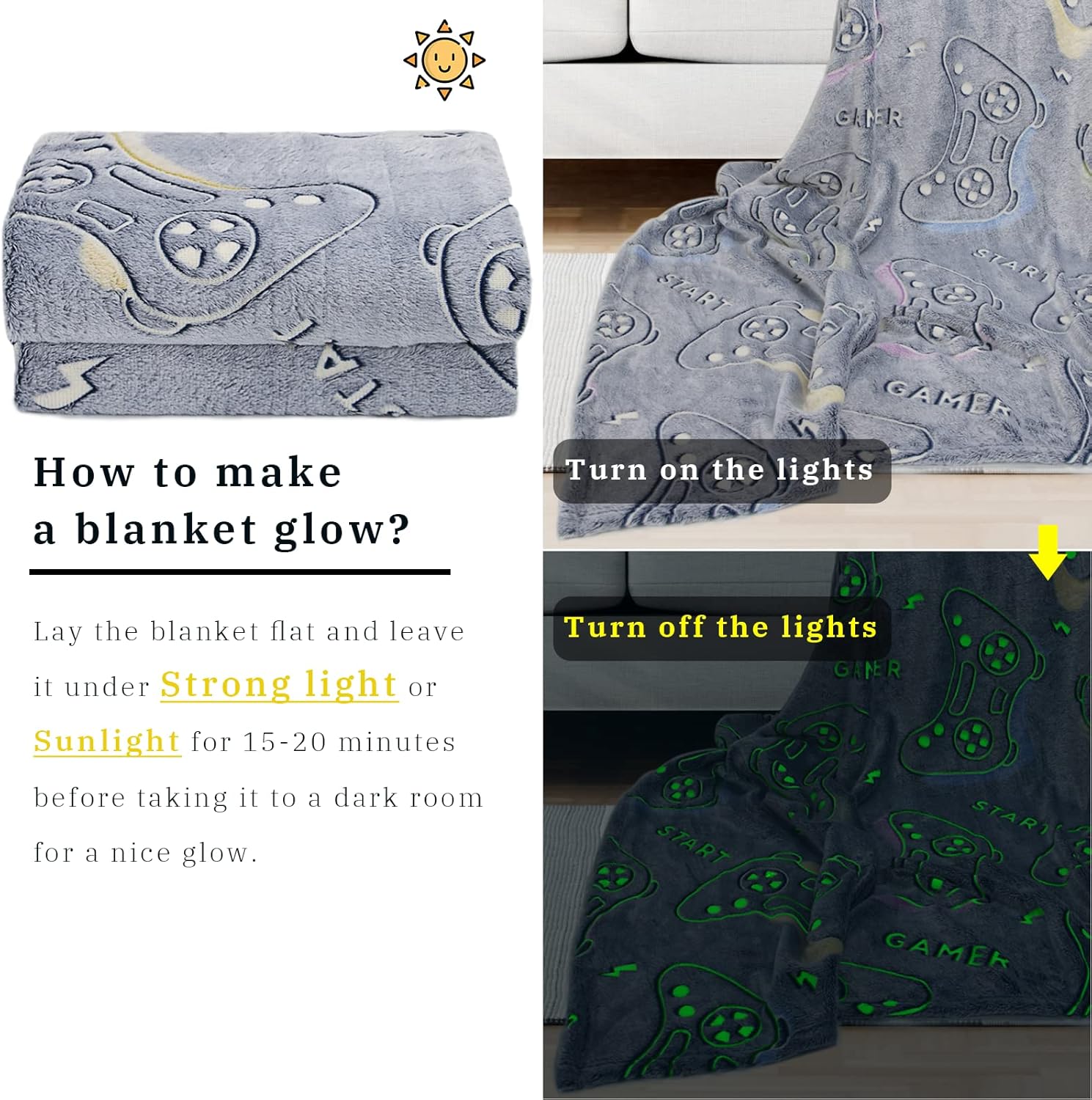 Glow in The Dark Game Controller Throw Blanket for Kids