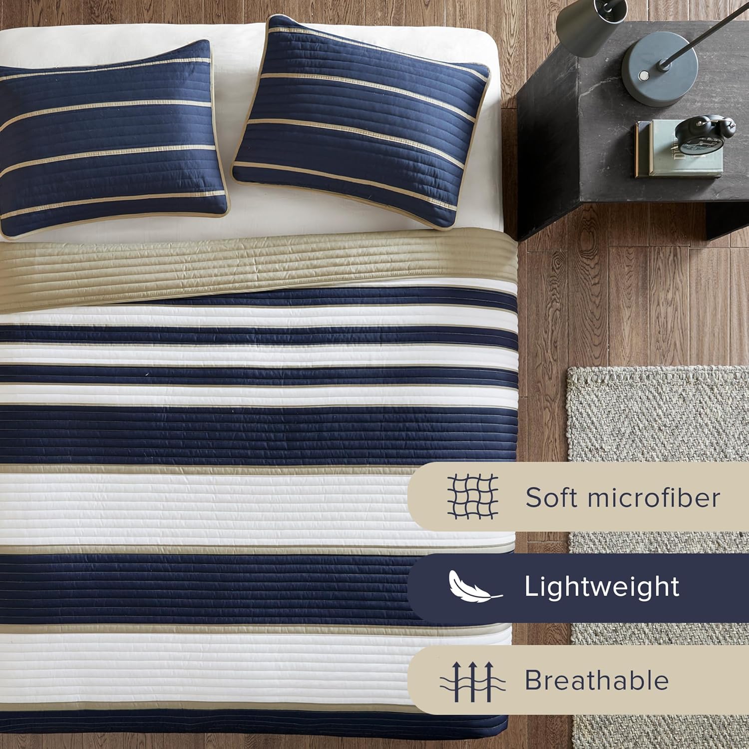 Comfort Spaces Quilt Set Twin Size White Blue Stripe