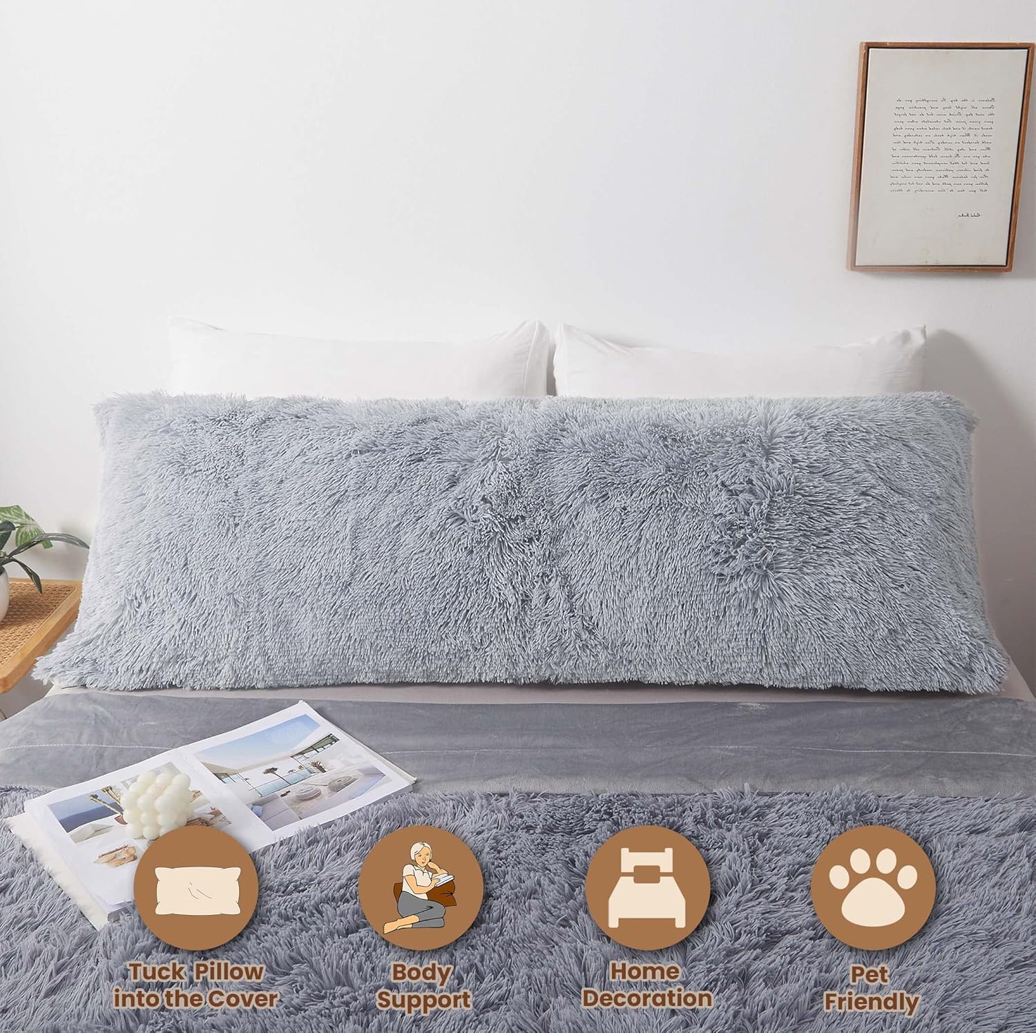 MEGO Shaggy Plush Body Pillow Cover Light Grey 54x20