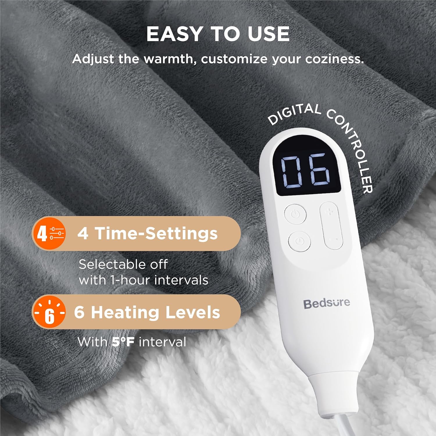 Bedsure Heated Throw Blanket - 6 Heating Levels 4 Time Settings Grey