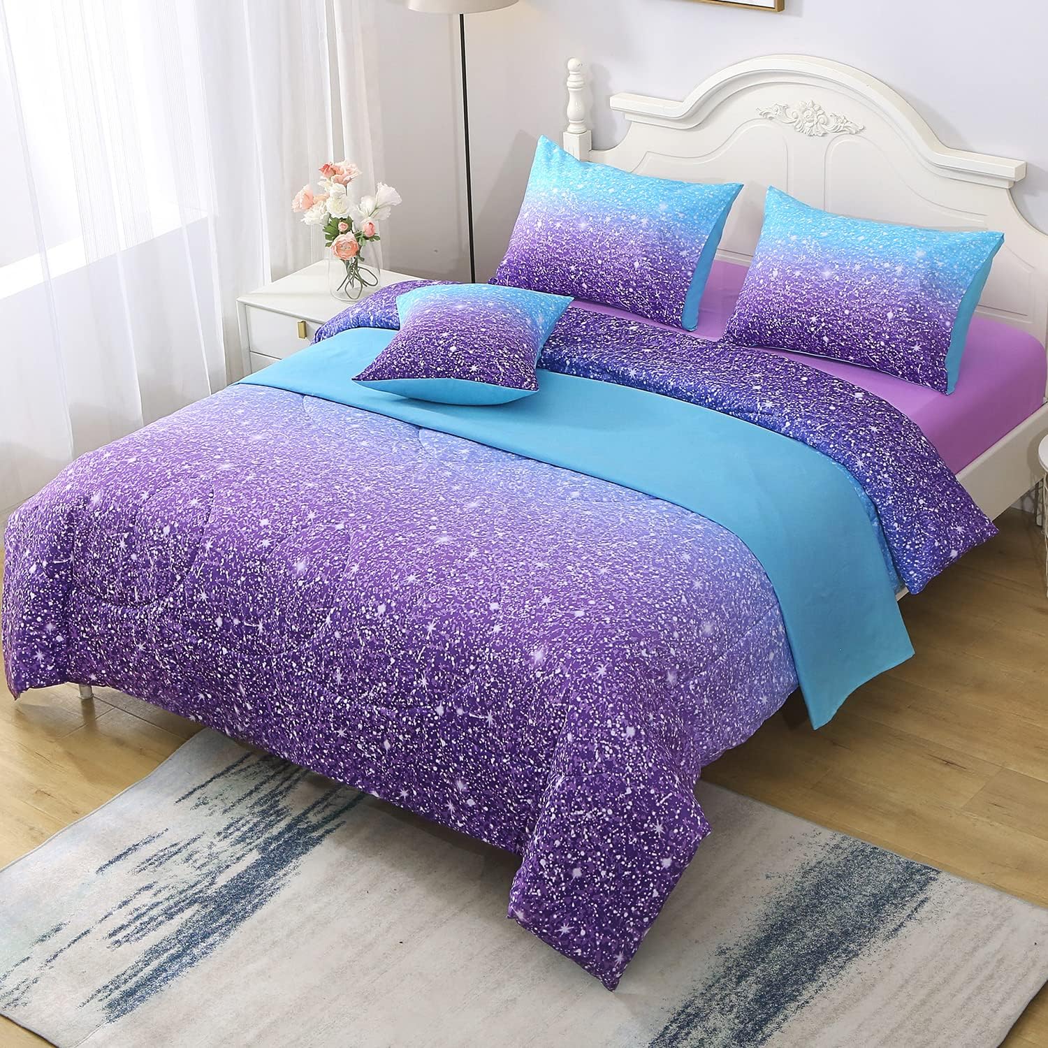 JQinHome Glitter Comforter Set Twin Size Blue Purple
