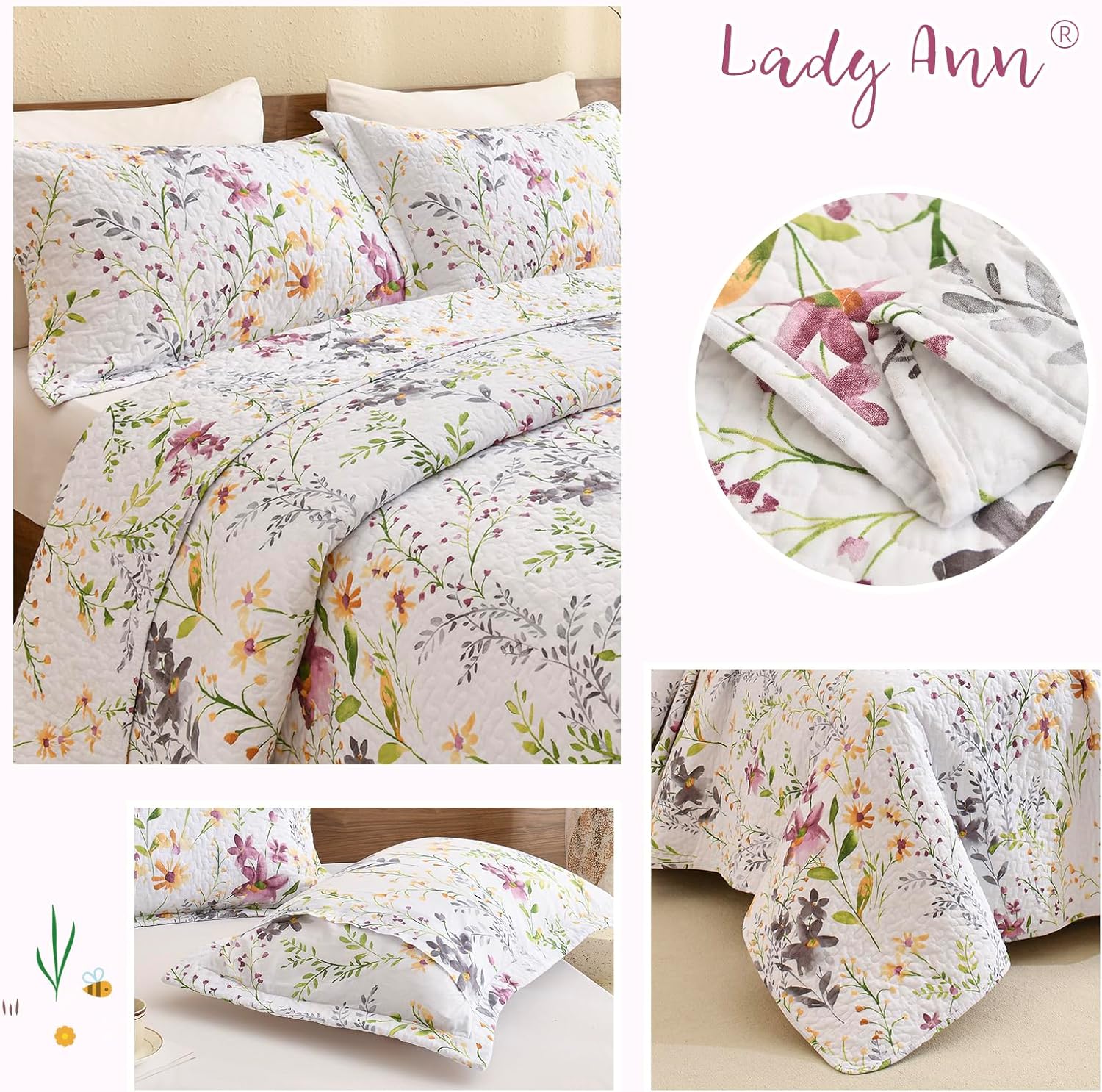 Lady Ann Wild Floral Printed Queen Bed Quilt Set 3 PCS