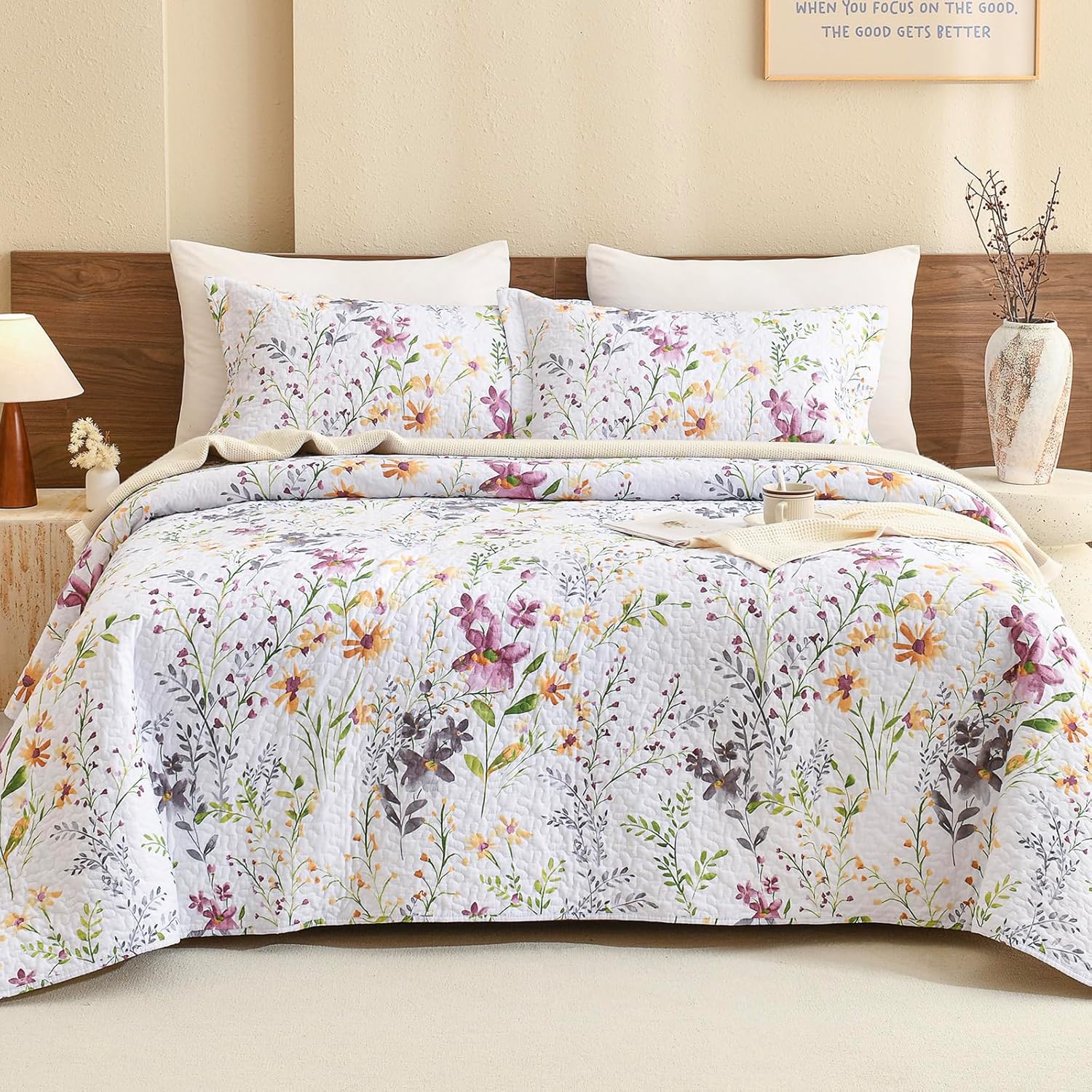 Lady Ann Wild Floral Printed Queen Bed Quilt Set 3 PCS
