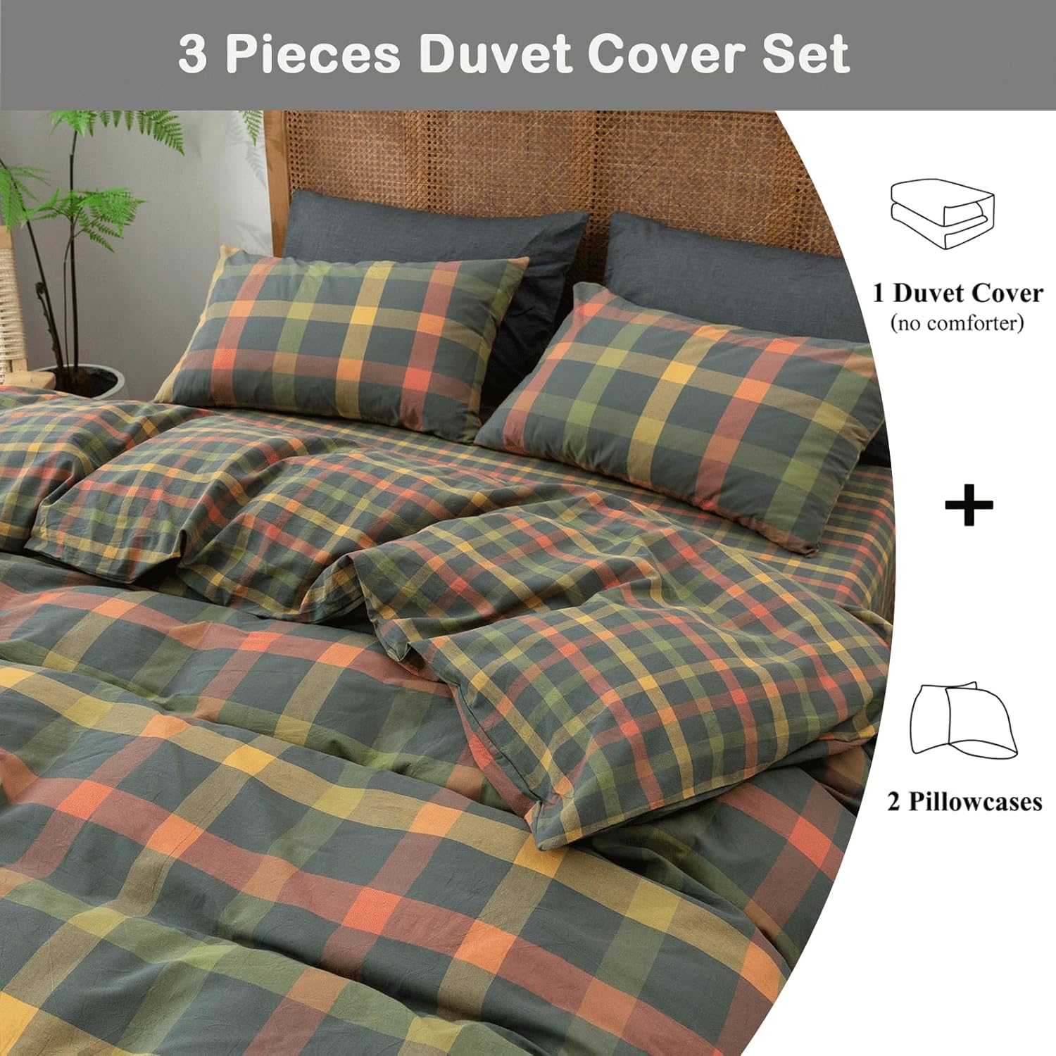 VM VOUGEMARKET Plaid Duvet Cover Set Queen