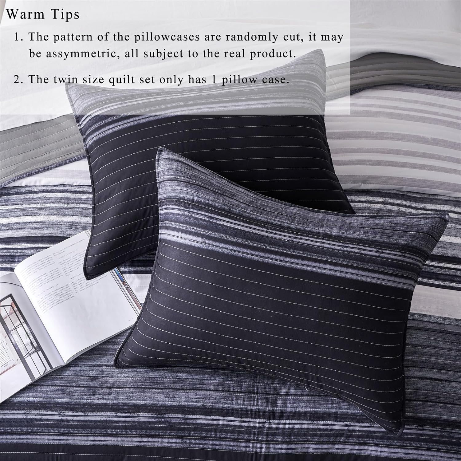 KAKIJUMN Queen Quilt Set with 2 Pillow Shams Black White Grey Striped Bedding