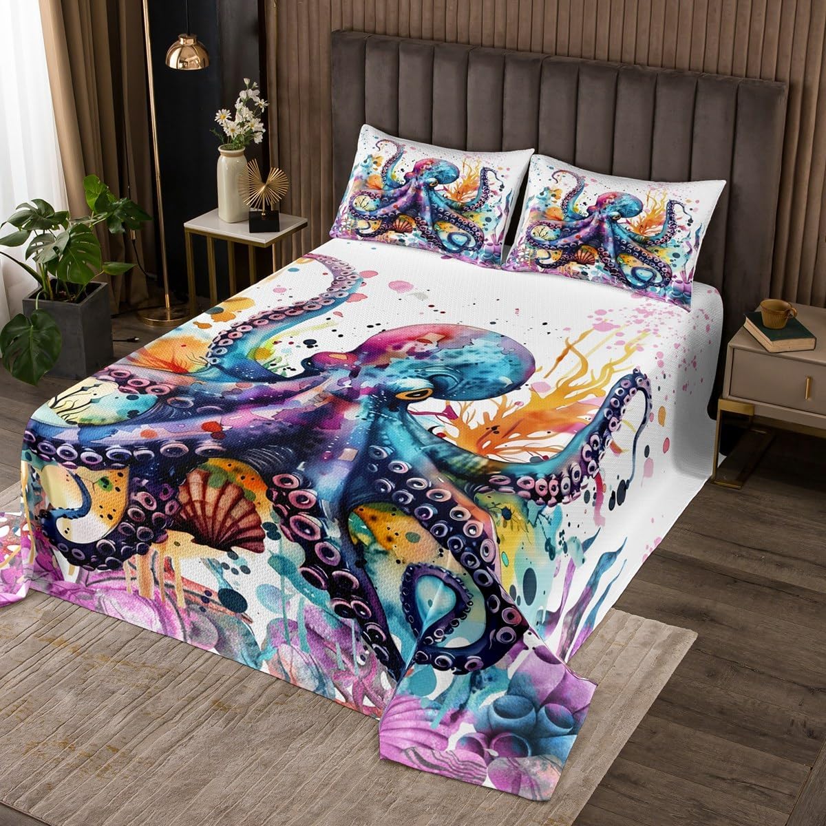 Feelyou Octopus Bedspread Set Twin Size Kids Ocean Kraken Quilted Coverlet