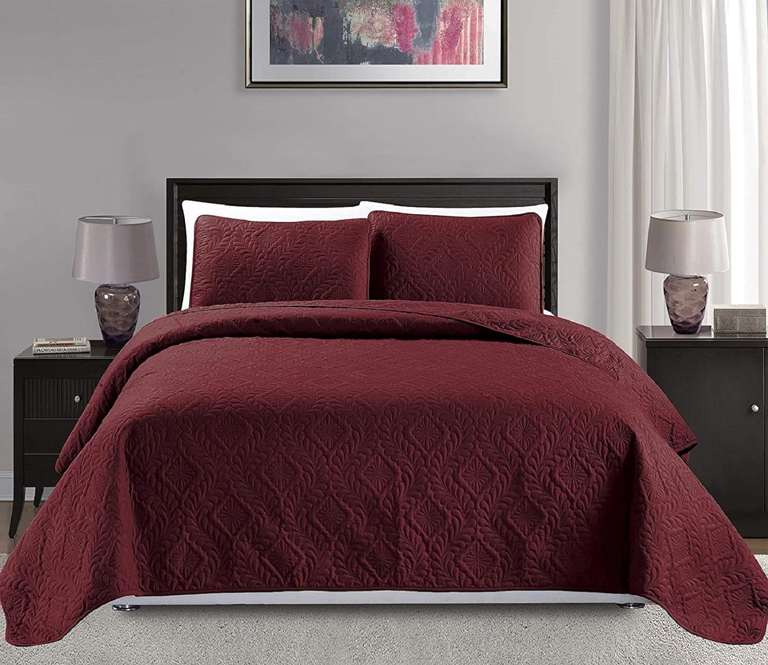 MK Home Diamond Burgundy Bedspread Set 3pc KingCalifornia King