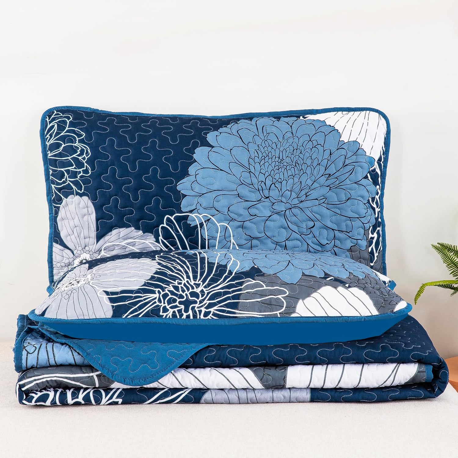 Anibedding Navy Blue Floral Quilt Set 3 Pieces Reversible Microfiber