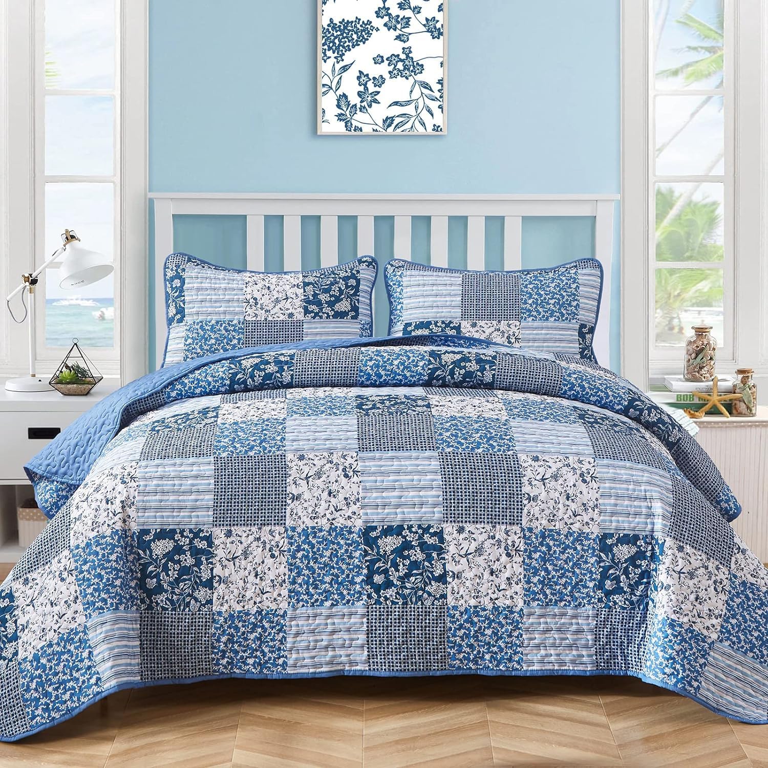 Mybedsoul Blue Plaid Quilt Set California King
