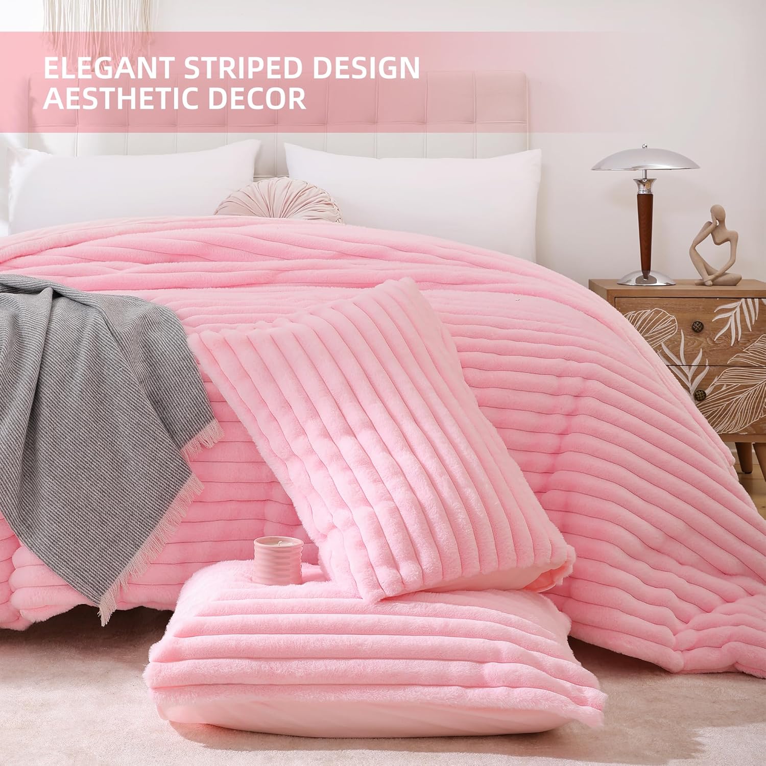 Smoofy Fluffy Queen Comforter Set 3 Pieces - Pink Fleece Micro-Mink