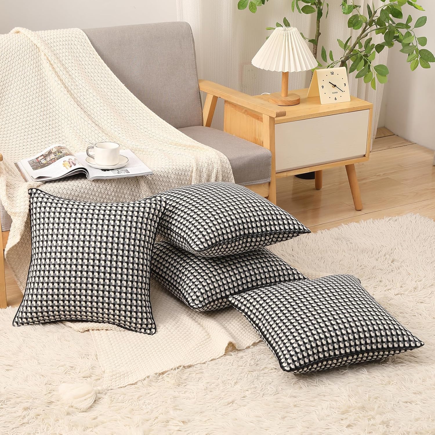 Yarn Dyed Black and White Square 18x18 Pillow Covers Set of 4