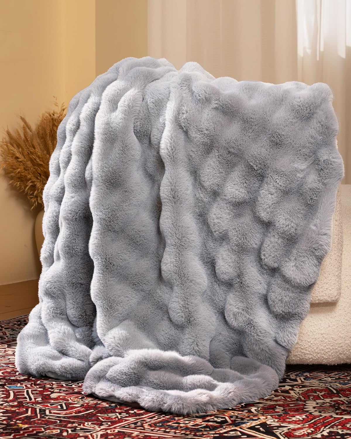 Ultra Soft Cozy Faux Fur Throw Blanket - 50x60 Inches Light Grey
