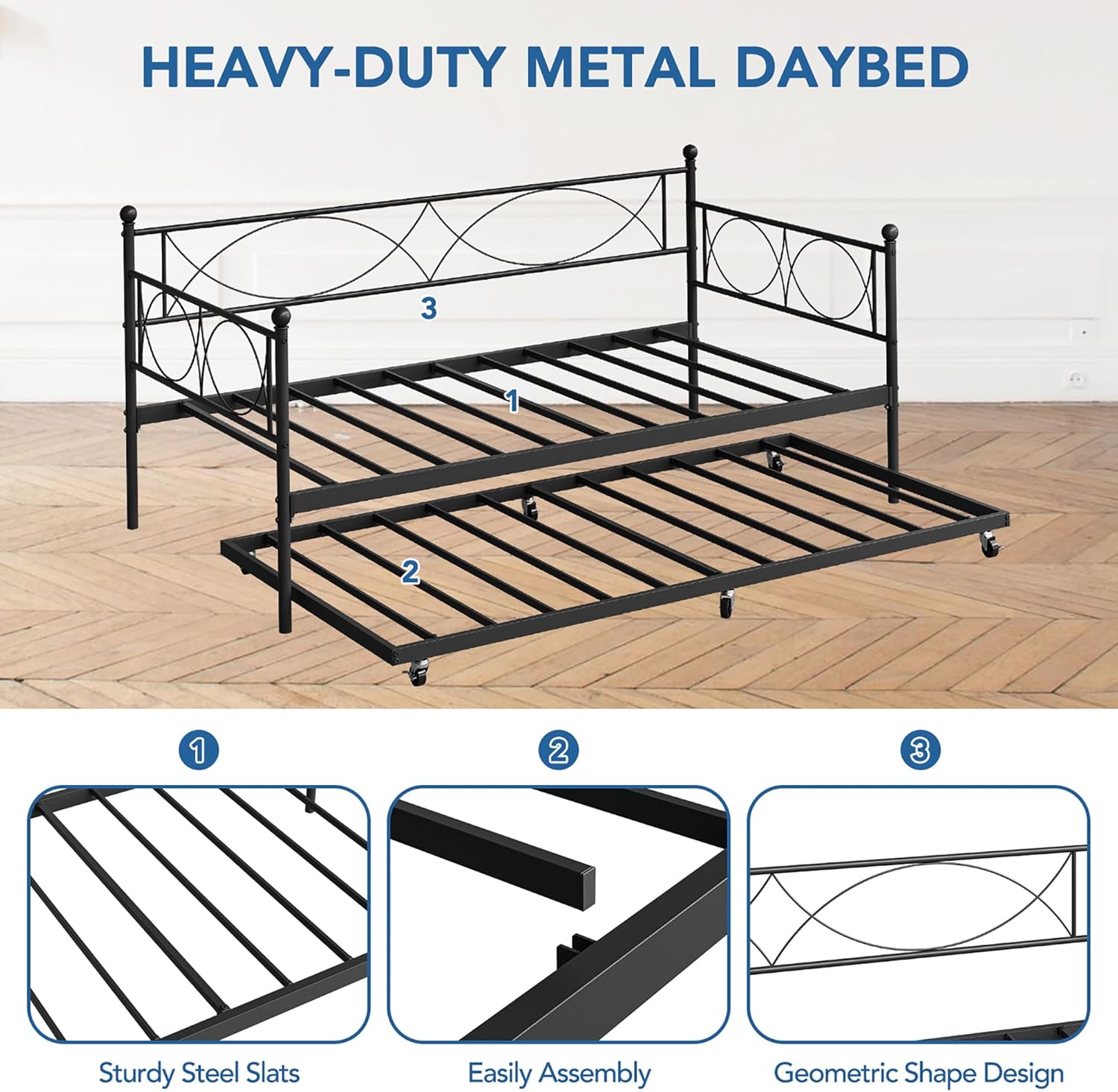 IDEALHOUSE Modern Black Metal Daybed with Trundle