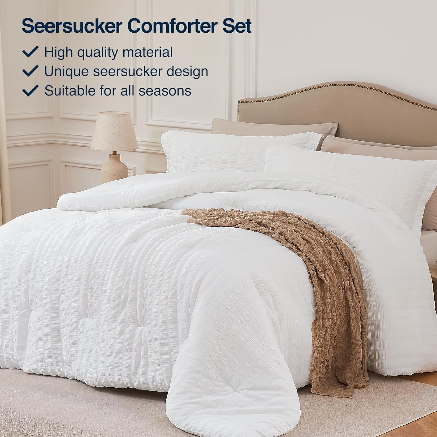 White Queen Comforter Set - 3 Piece Seersucker Bedding