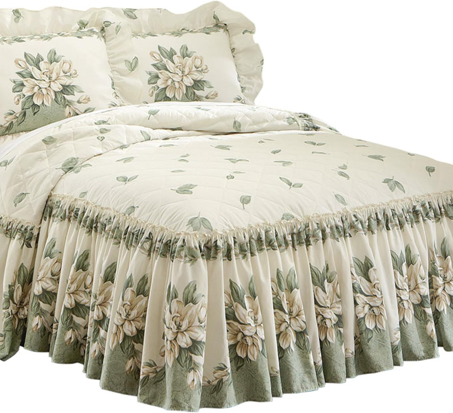 Collections Etc Magnolia Garden Floral Ruffle Bedspread - Sage Full