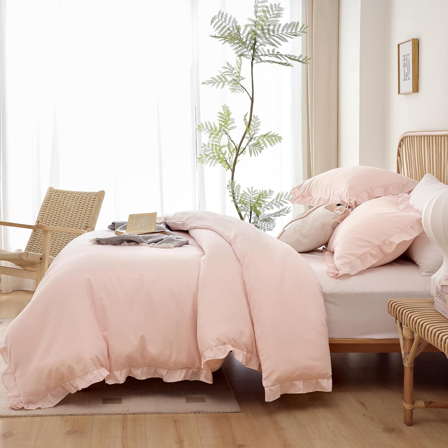 JANZAA Pink Ruffle Queen Comforter Set 3PCS