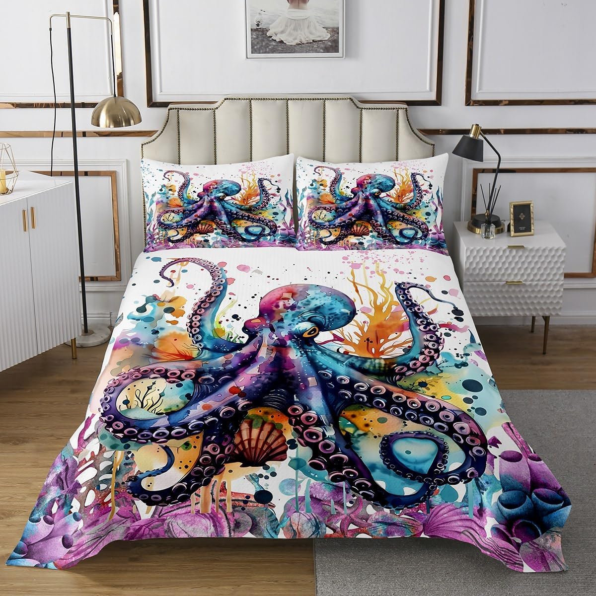 Feelyou Octopus Bedspread Set Twin Size Kids Ocean Kraken Quilted Coverlet
