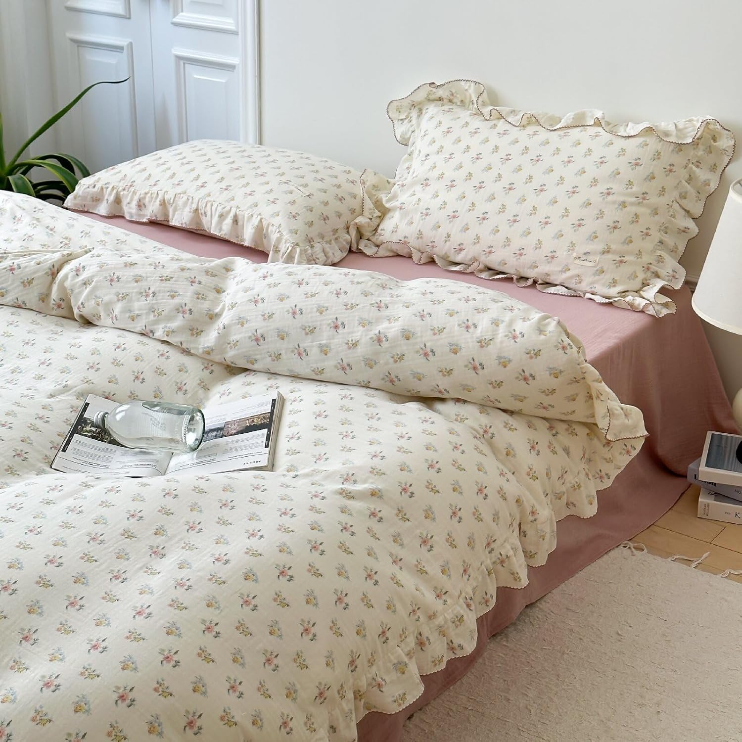 BuLuTu Cotton Muslin Duvet Cover Twin with Ruffles and Zipper