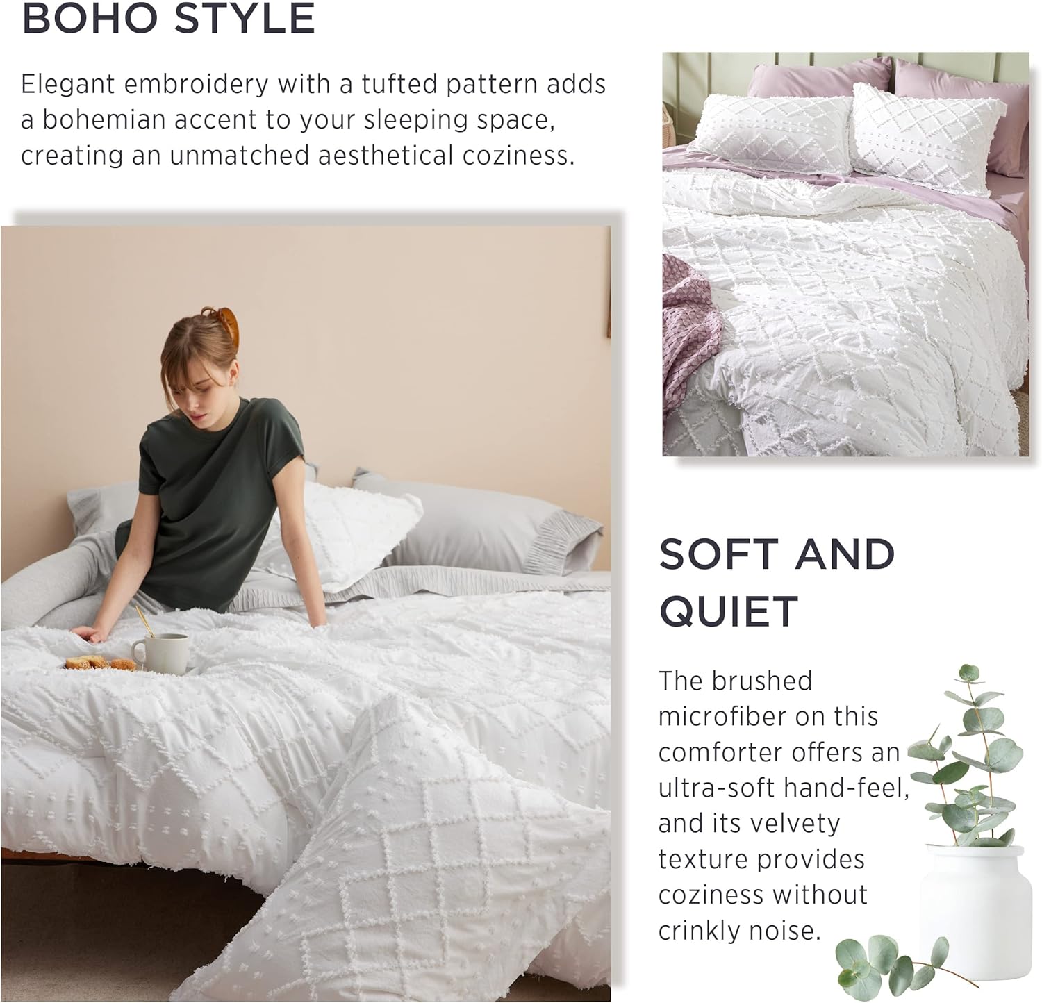 Bedsure Queen Comforter Set - White Boho Tufted Shabby Chic