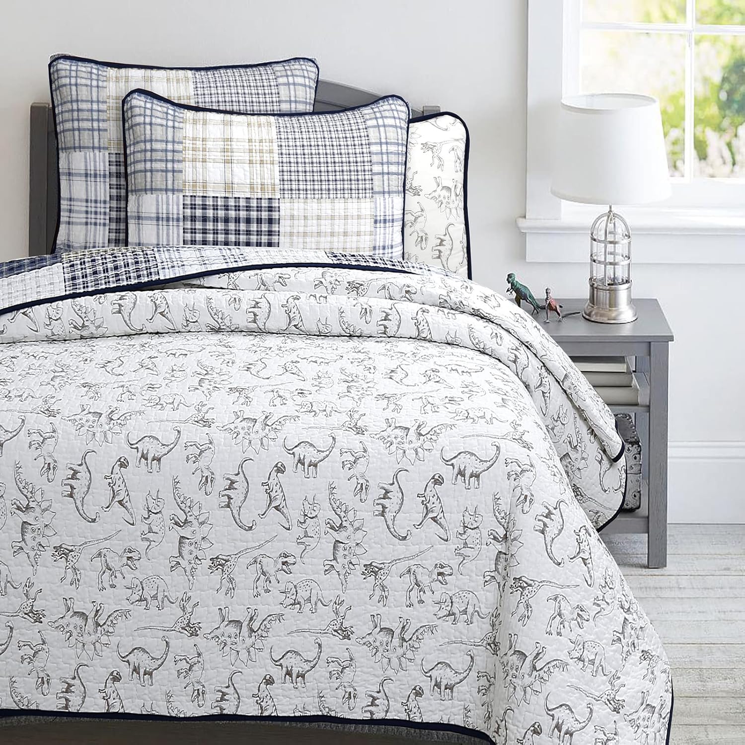 Cozy Line Benjamin Dinosaur Plaid Quilt Set Twin 2 Piece