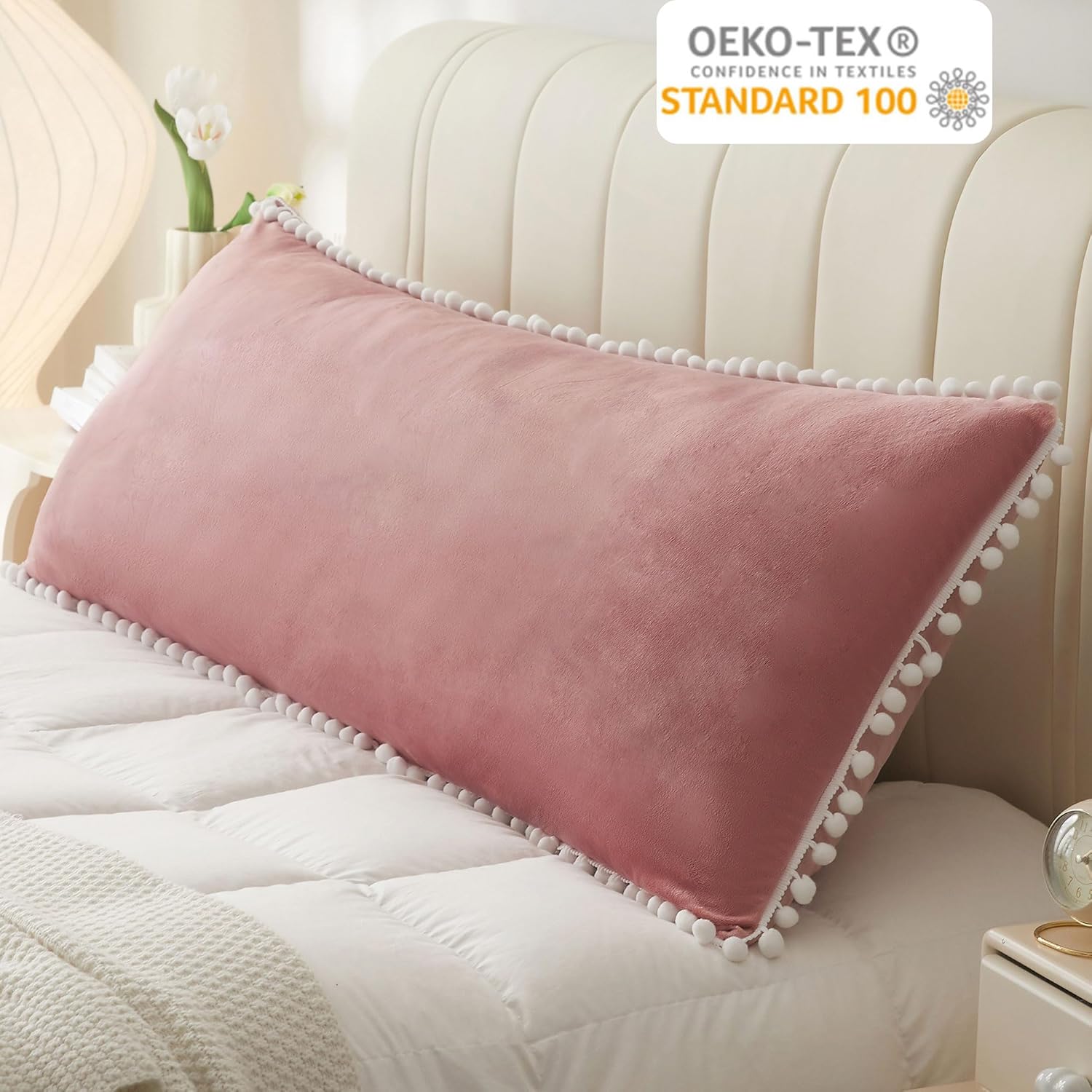 LIFEREVO Velvet Body Pillowcase with Pom-Poms 20x54 Old Pink