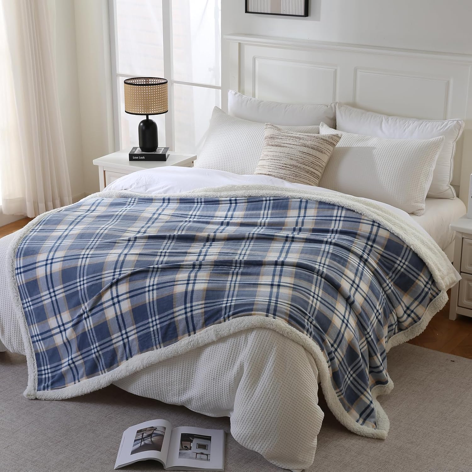PU MEI Sherpa Blanket Queen Plaid - Blue White Check