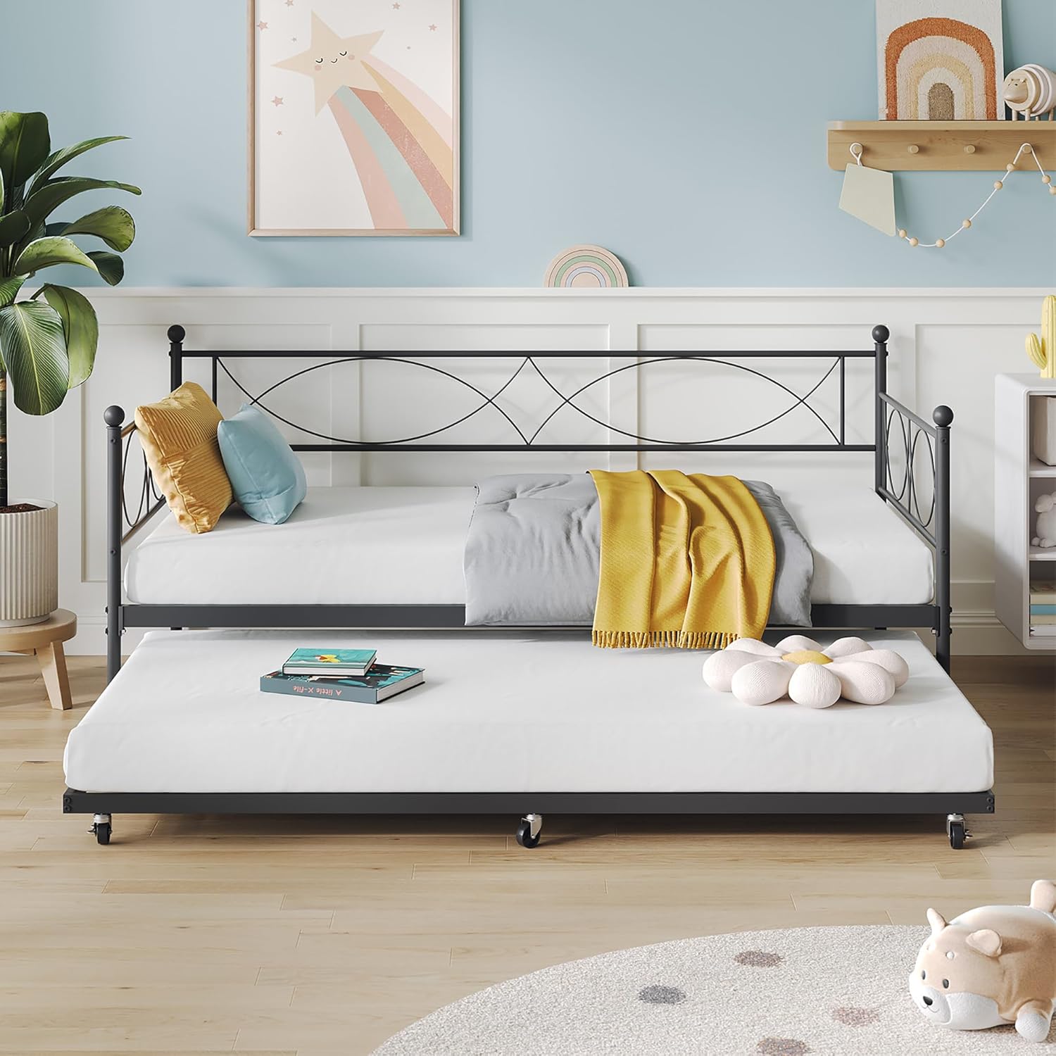 IDEALHOUSE Modern Black Metal Daybed with Trundle