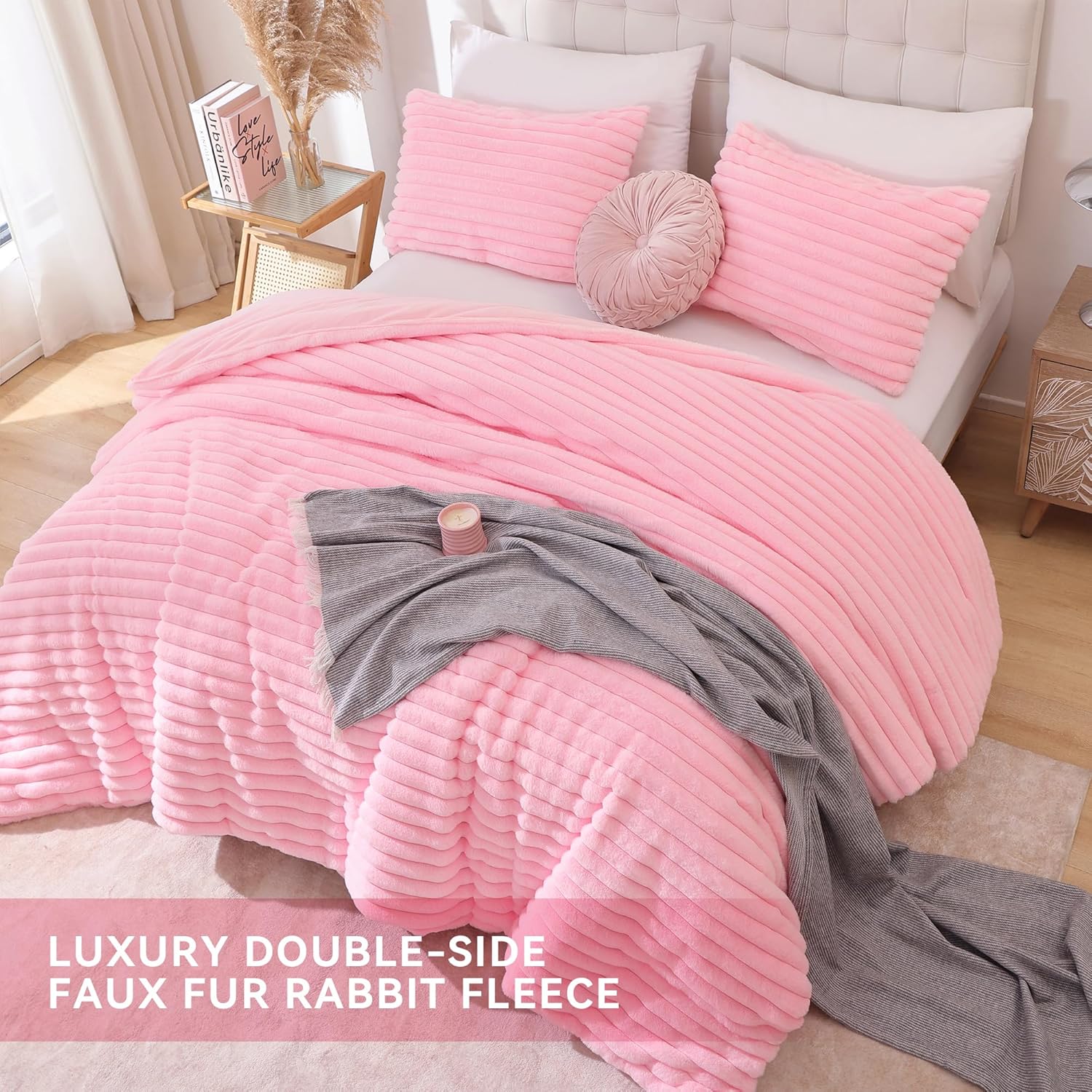 Smoofy Fluffy Queen Comforter Set 3 Pieces - Pink Fleece Micro-Mink