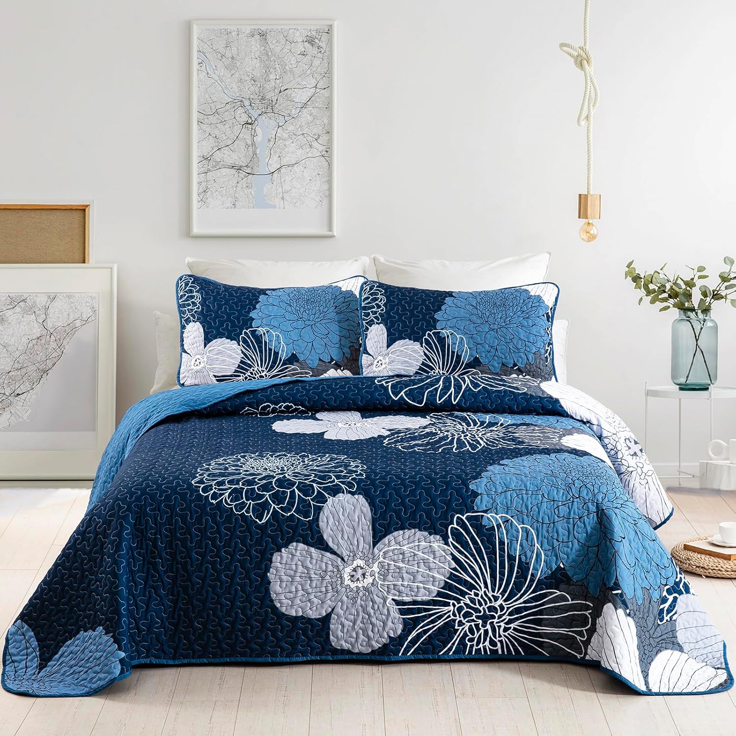 Anibedding Navy Blue Floral Quilt Set 3 Pieces Reversible Microfiber