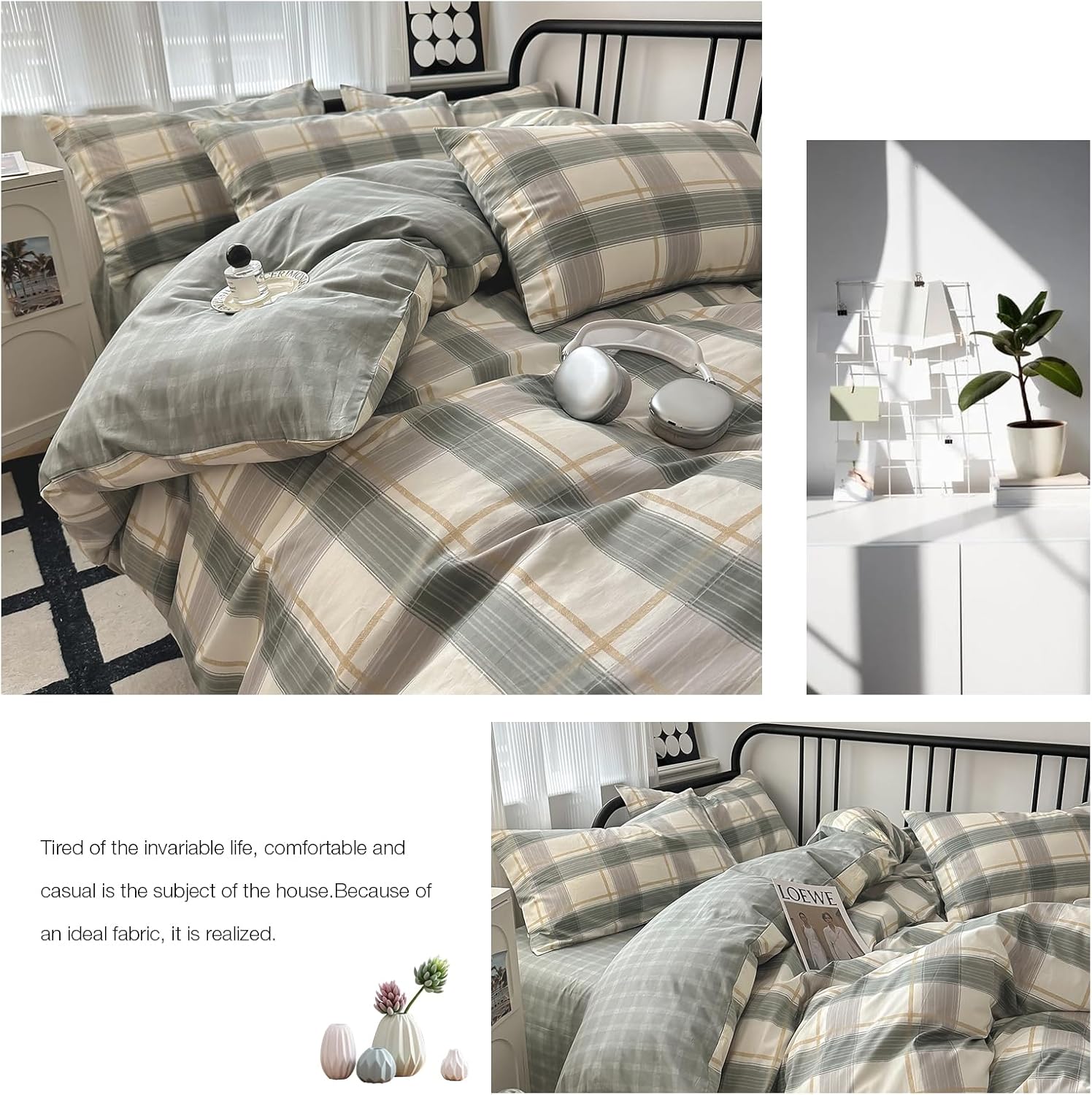 VM VOUGEMARKET Green Plaid Duvet Cover Set Queen 3 Piece