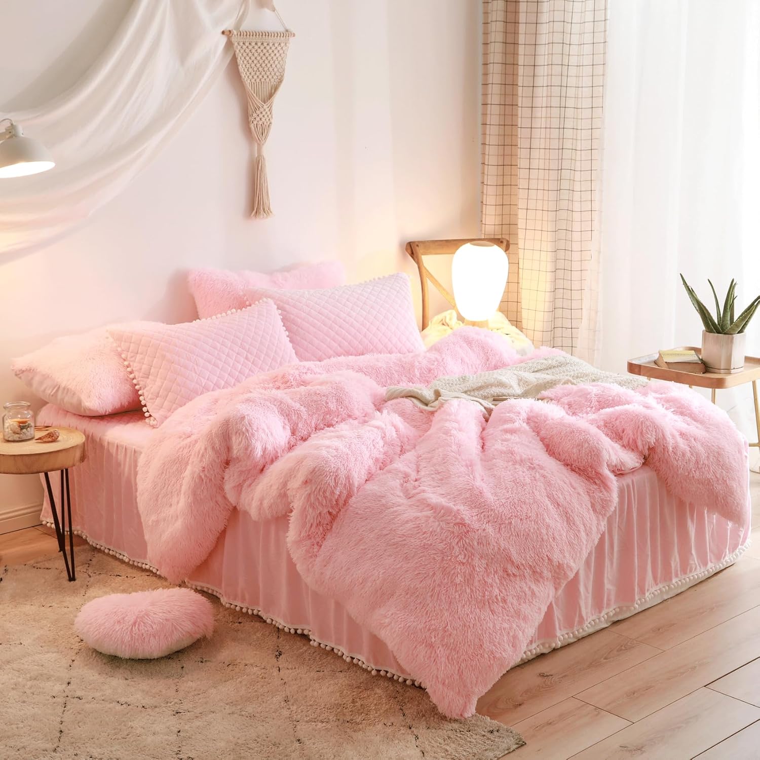 Fluffy Pink Duvet Cover Twin Set with Furry Pillowcases