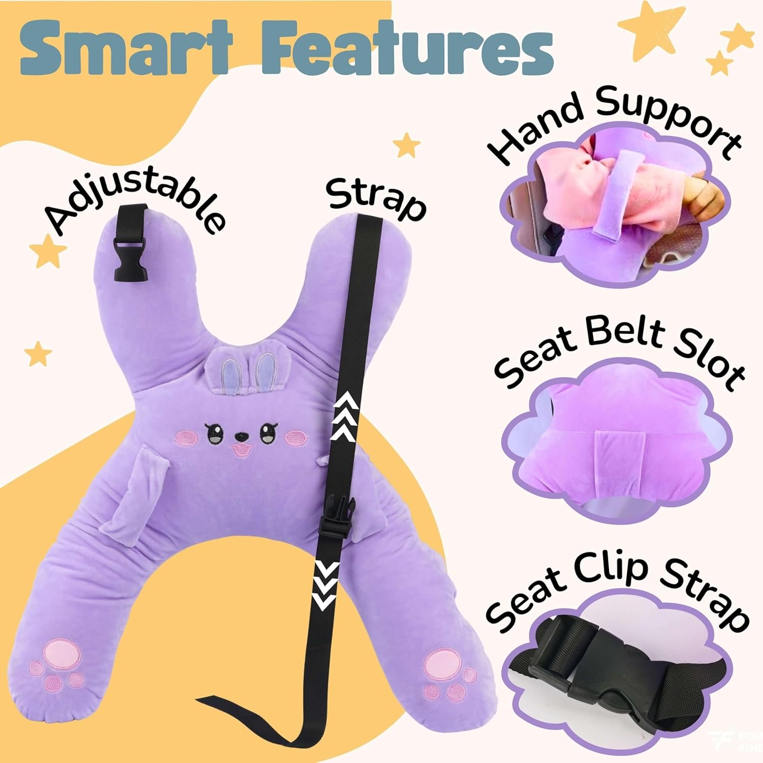 Kids Car Sleeping Pillow - X-Shaped Plush Animal with Seat Belt Slot - Purple