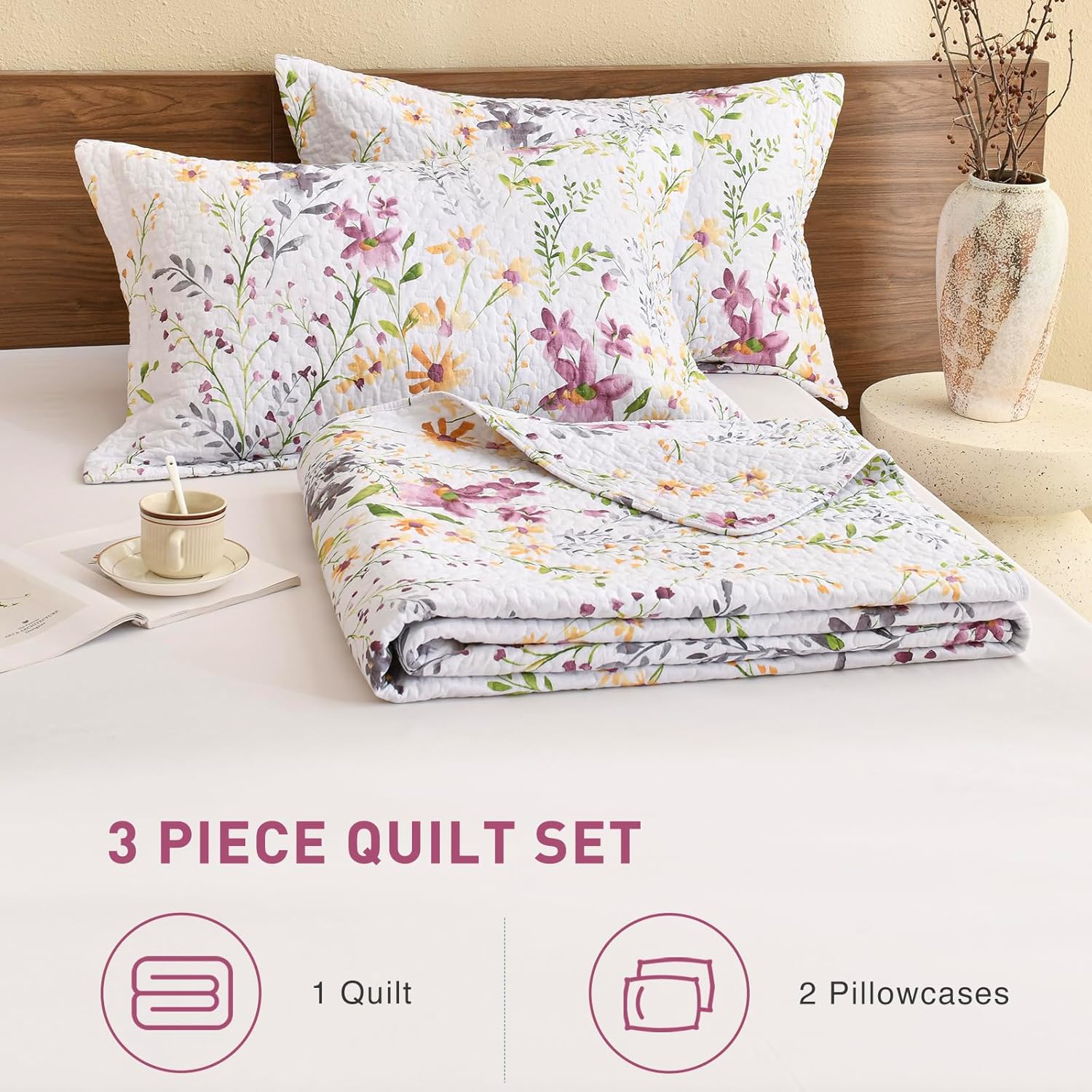Lady Ann Wild Floral Printed Queen Bed Quilt Set 3 PCS