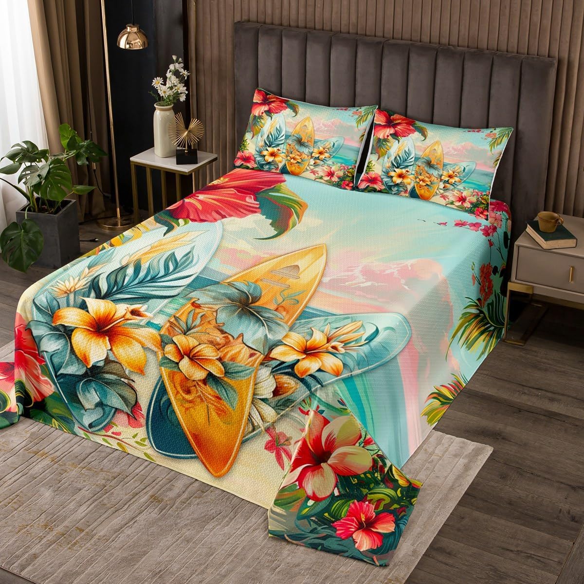 Manfei Queen Bedspread with Pillowcases Tropical Design
