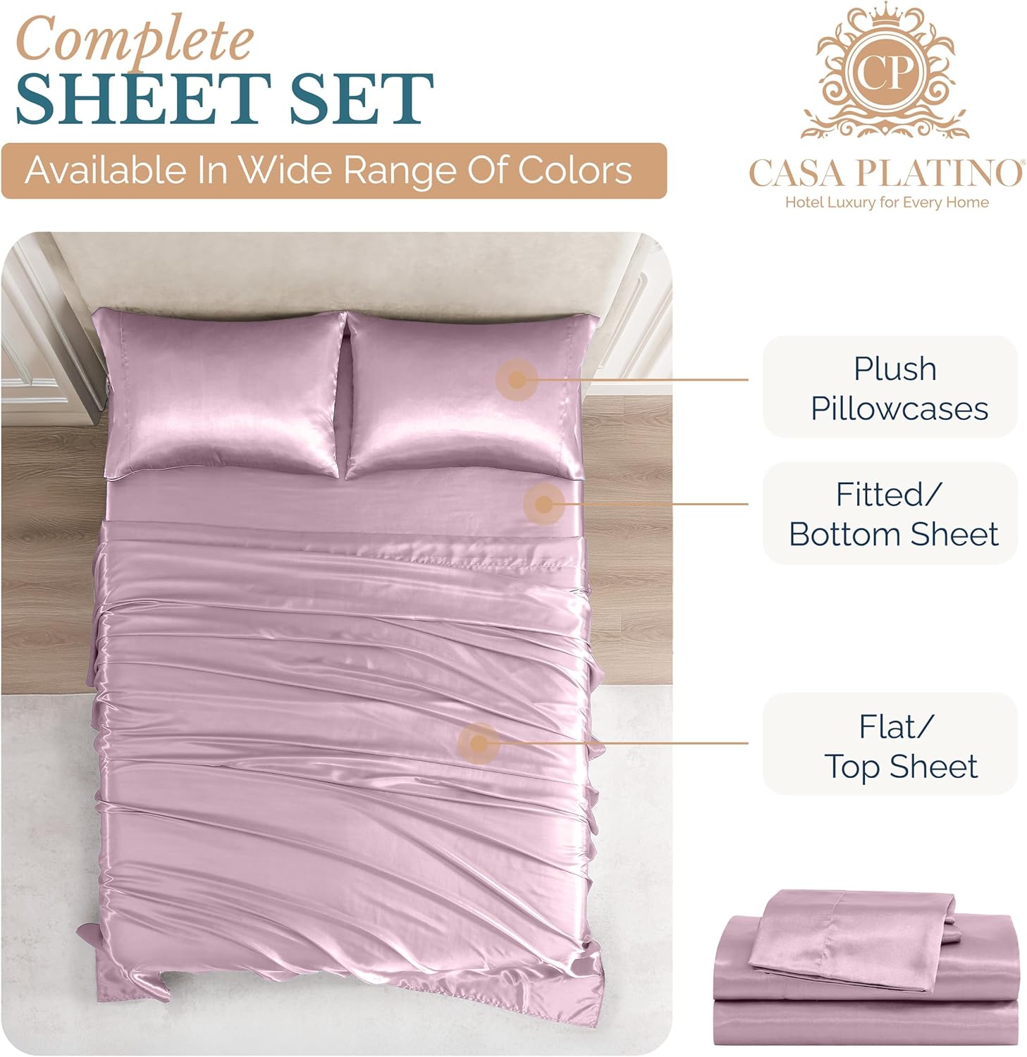 Casa Platino Twin Satin Sheets Set 3 pcs Pink
