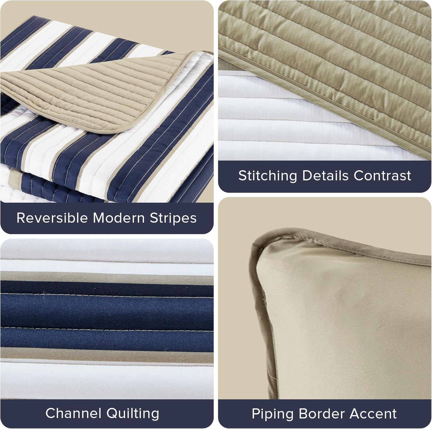 Comfort Spaces Quilt Set Twin Size White Blue Stripe