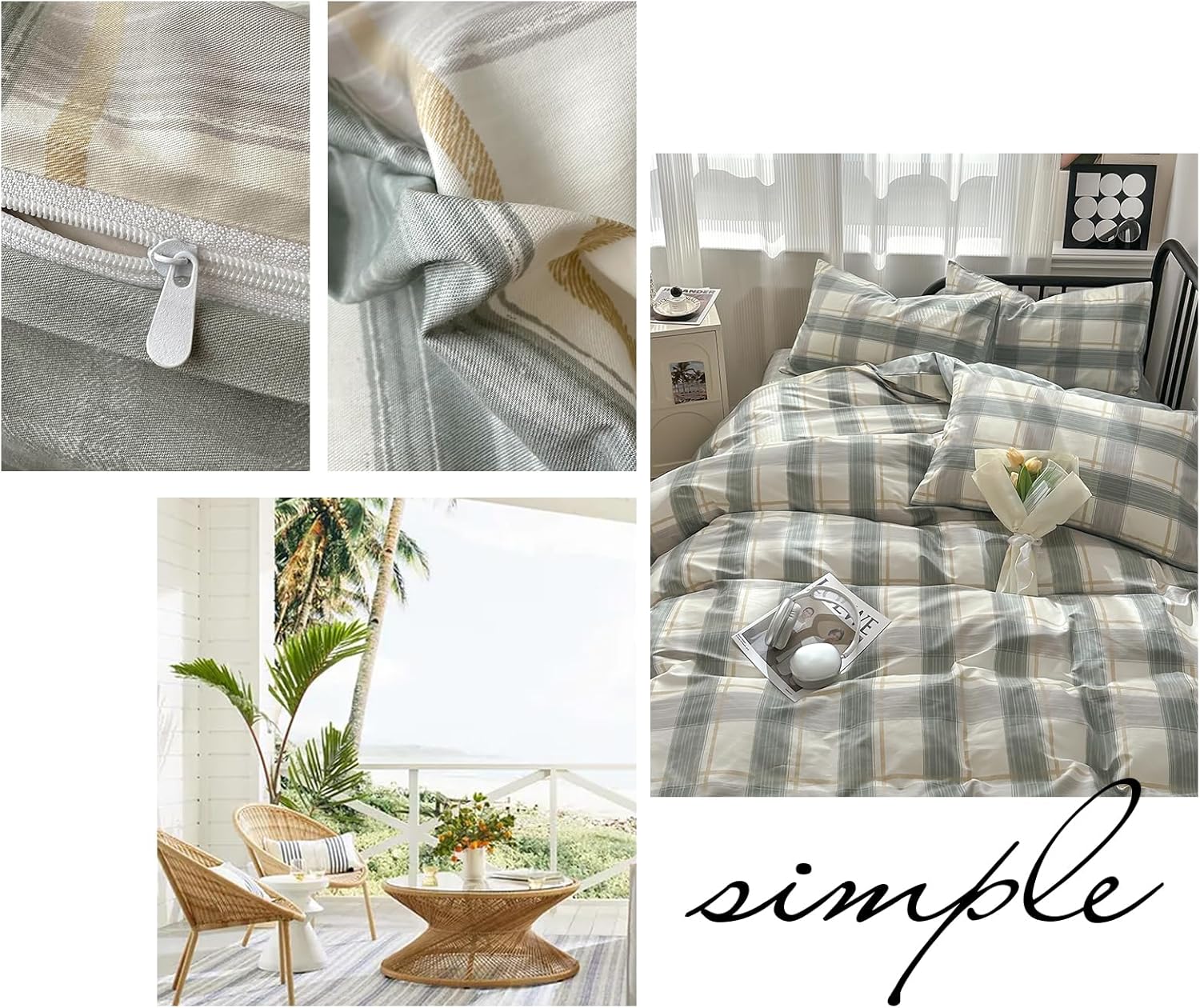 VM VOUGEMARKET Green Plaid Duvet Cover Set Queen 3 Piece