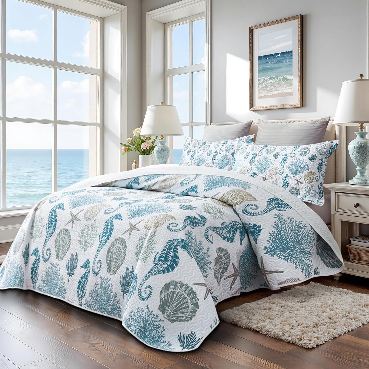 Coastal Quilt Set with 2 Shams California King Size