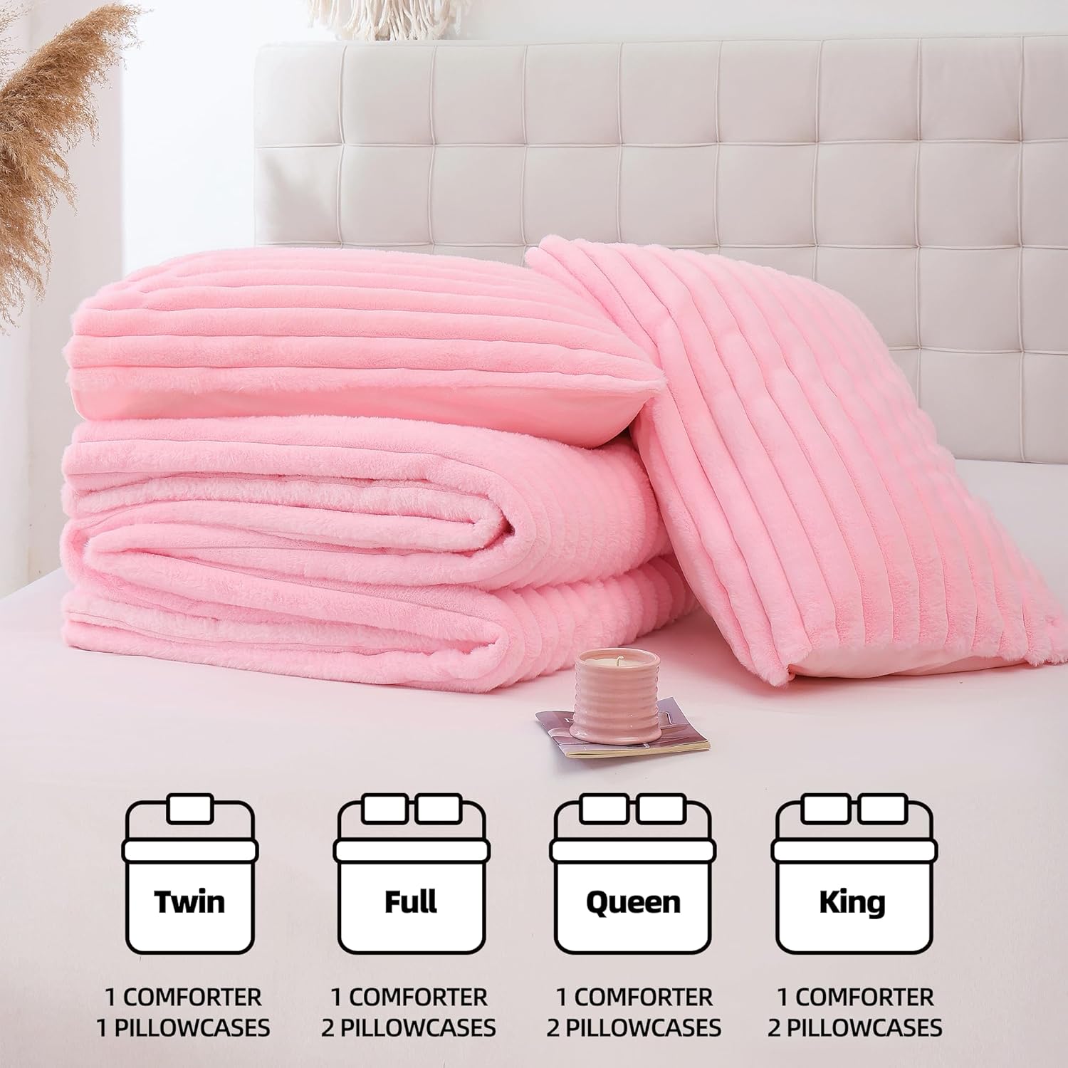 Smoofy Fluffy Queen Comforter Set 3 Pieces - Pink Fleece Micro-Mink