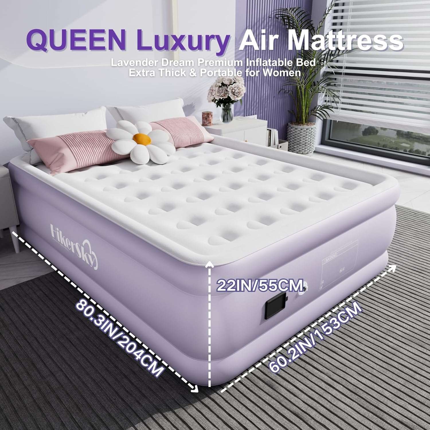 HikerSKY Queen Air Mattress with Wireless Pump 22 Inch Purple