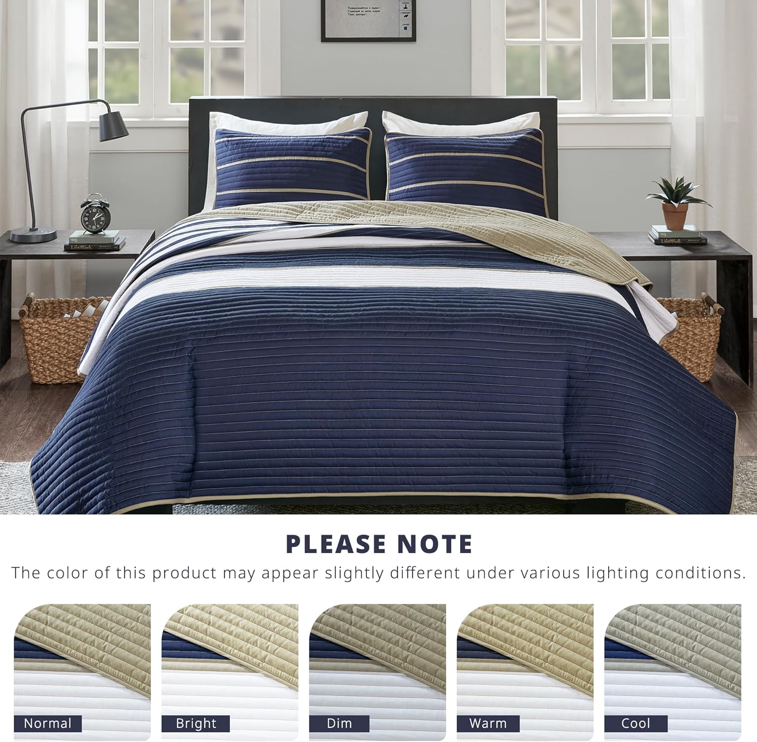 Comfort Spaces Quilt Set Twin Size White Blue Stripe