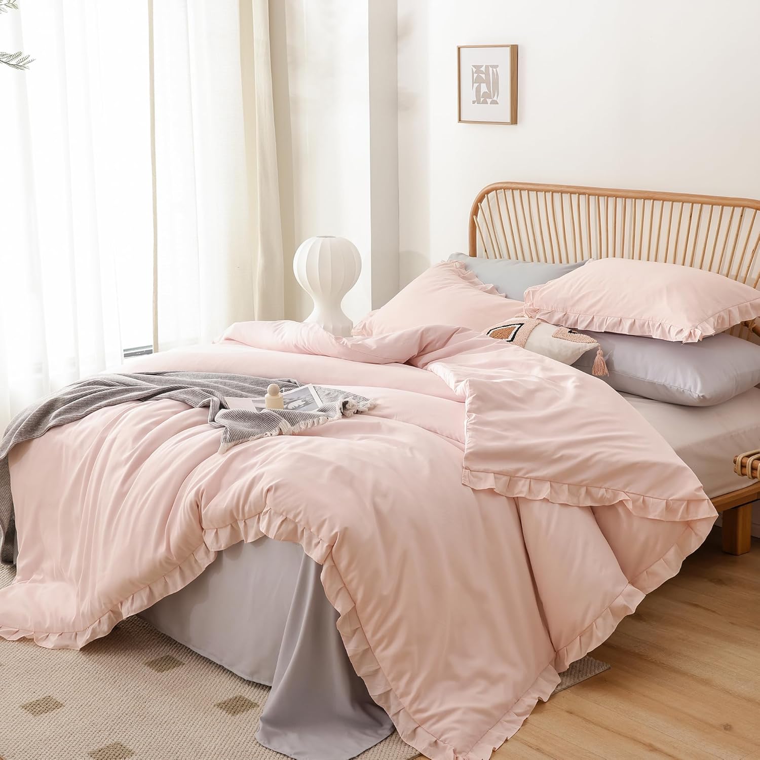 JANZAA Pink Ruffle Queen Comforter Set 3PCS